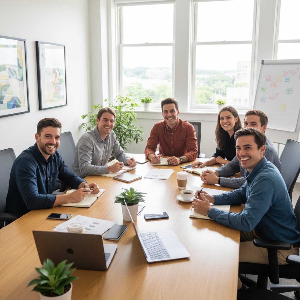 Grupa ludzi na spotkaniu offline, uśmiechy, rozmowy, przyjazna atmosfera