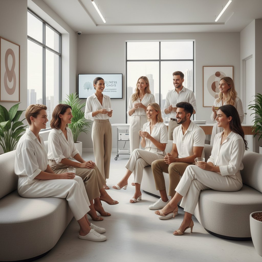 Grupa kobiet i mężczyzn w różnym wieku po zabiegu mezoterapii igłowej, zadowoleni, nowoczesna klinika