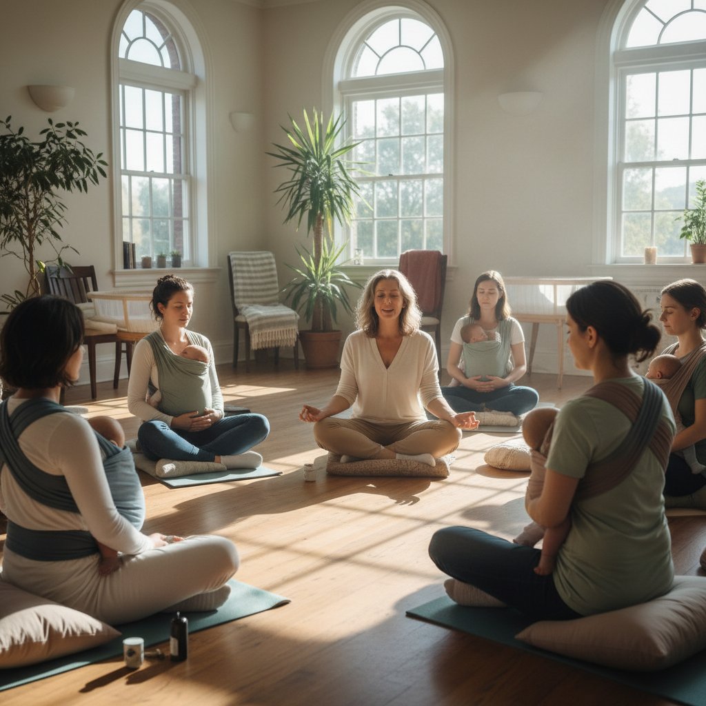 Grupa ludzi podczas ćwiczeń mindfulness, wsparcie psychiczne po porodzie