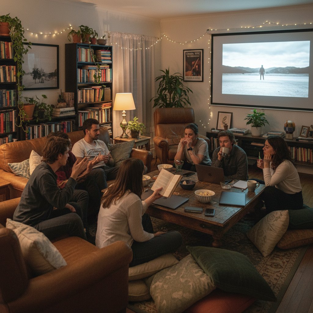 Group of friends discussing an art house film at a cozy living room movie night