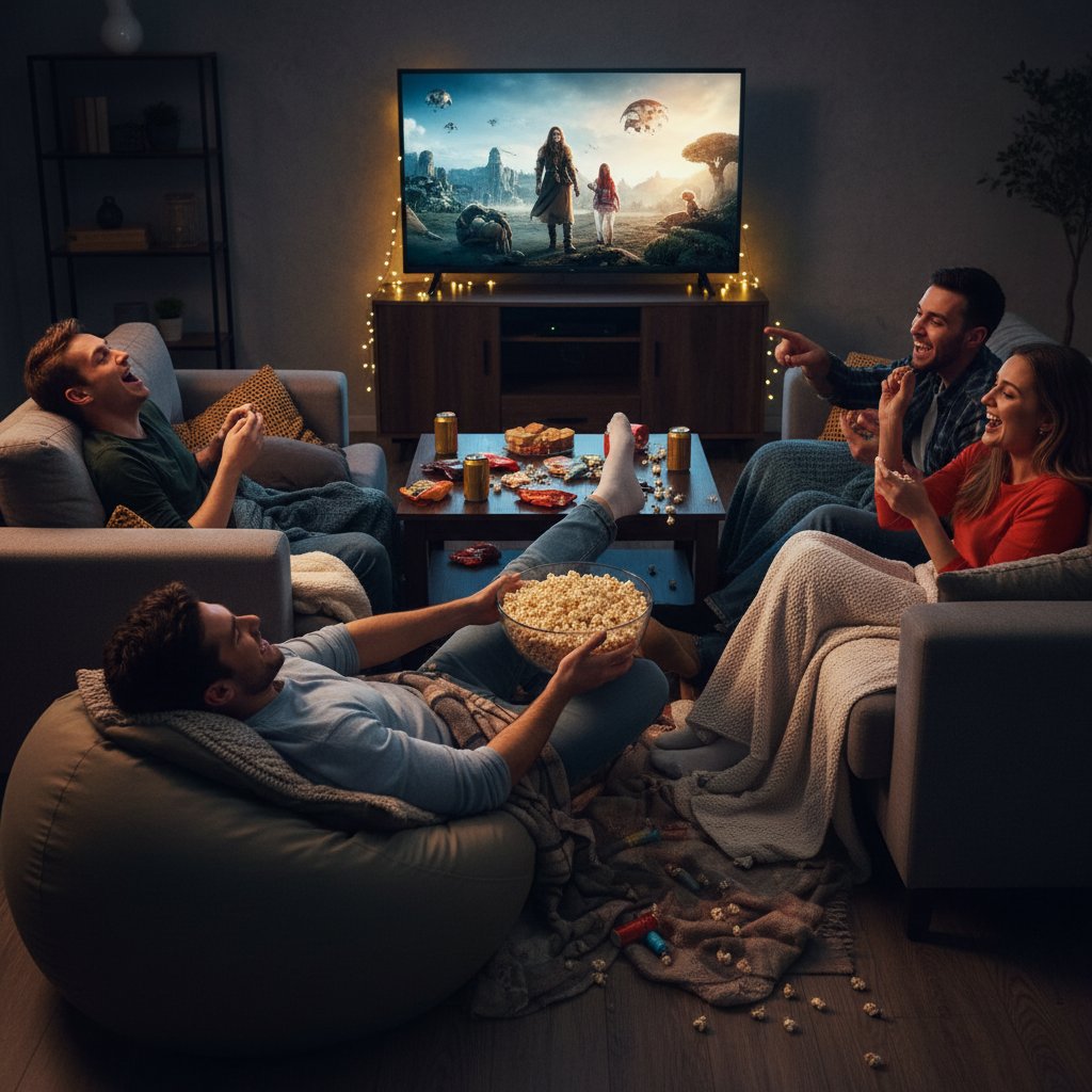 Cozy group movie night, popcorn, string lights, everyone smiling