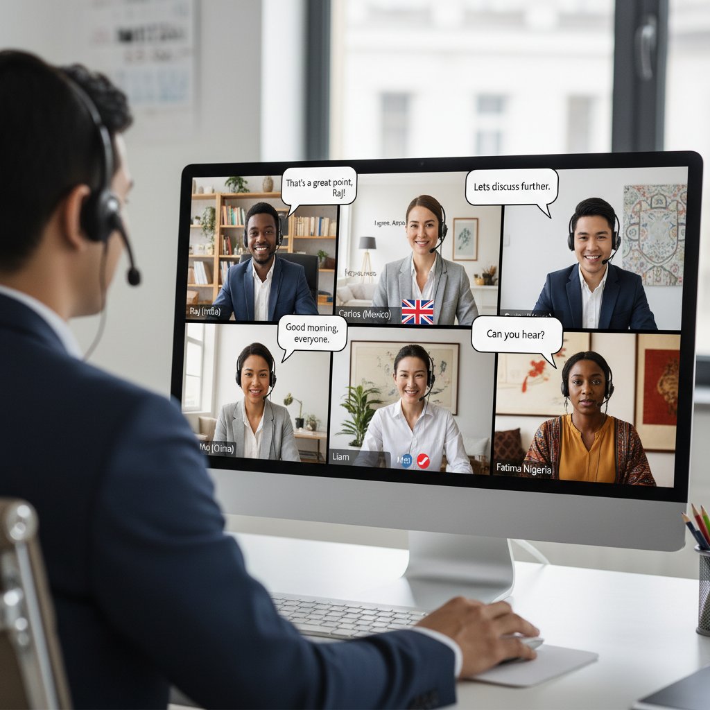 Grupa osób z różnych krajów rozmawiających po angielsku podczas spotkania online