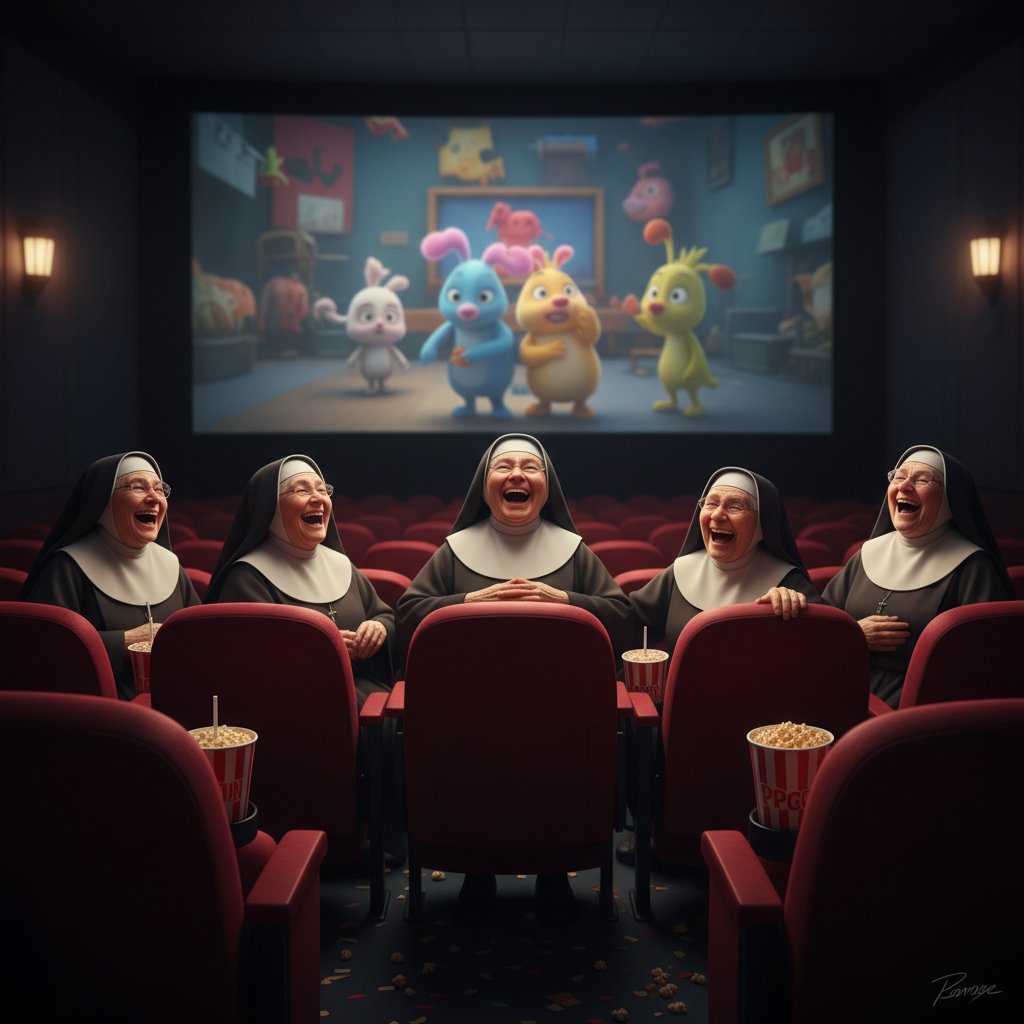 Group of nuns sharing laughter in movie theater, unity and joy, cinematic shot of nuns watching a movie and laughing together