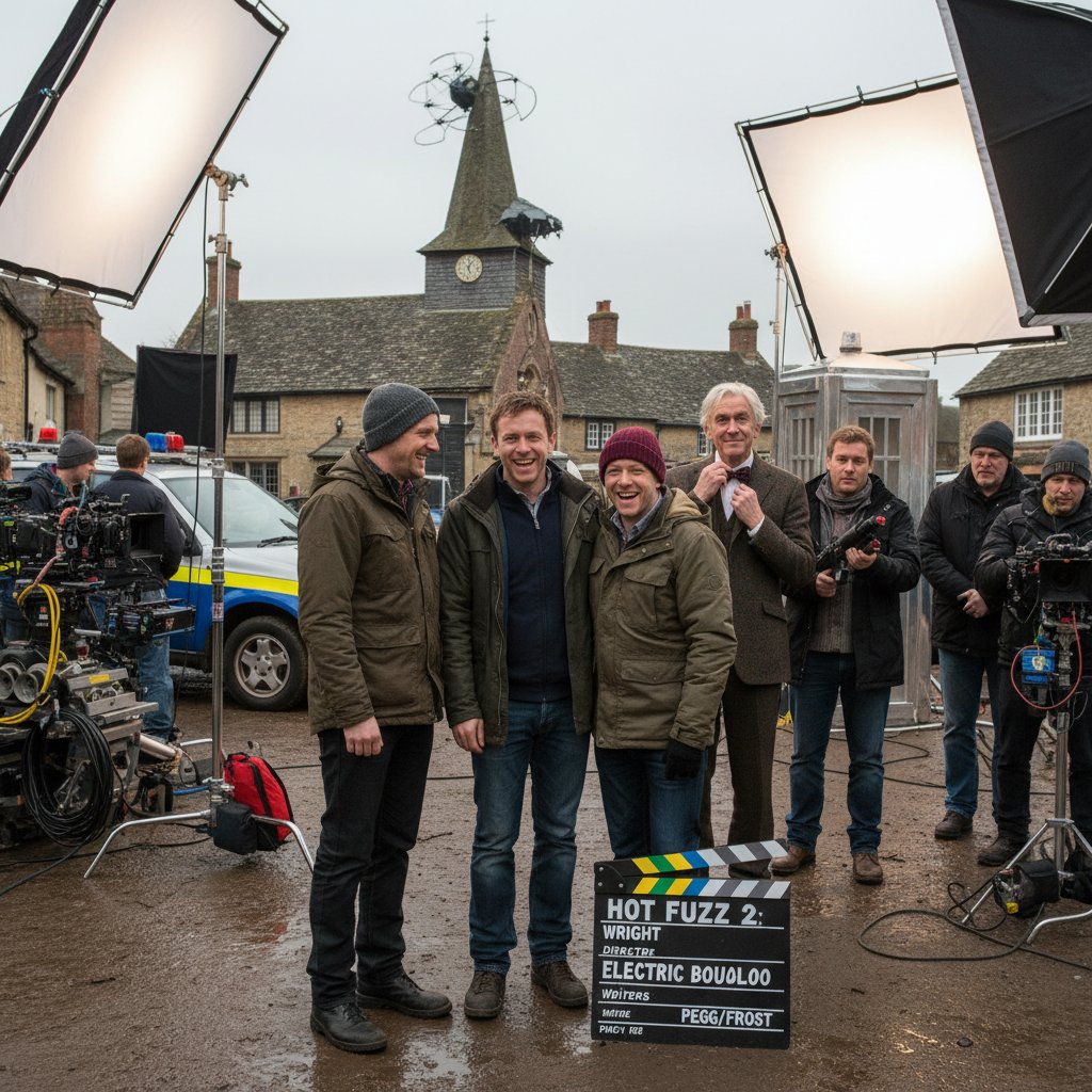 Group of actors and filmmakers on a British film set, referencing edgar wright recurring collaborators