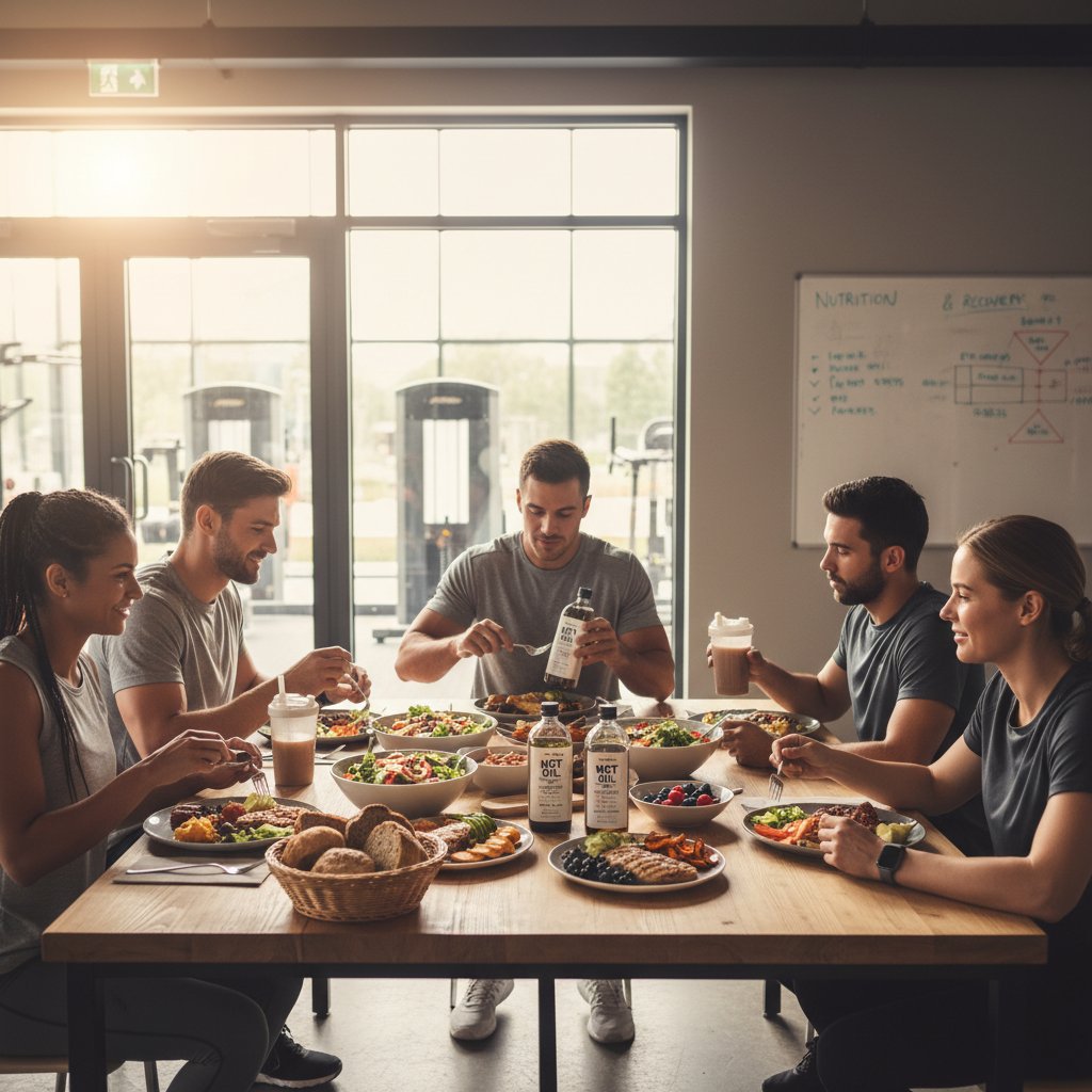 Grupa sportowców spożywająca posiłek z dodatkiem MCT po treningu – regeneracja i wsparcie energetyczne
