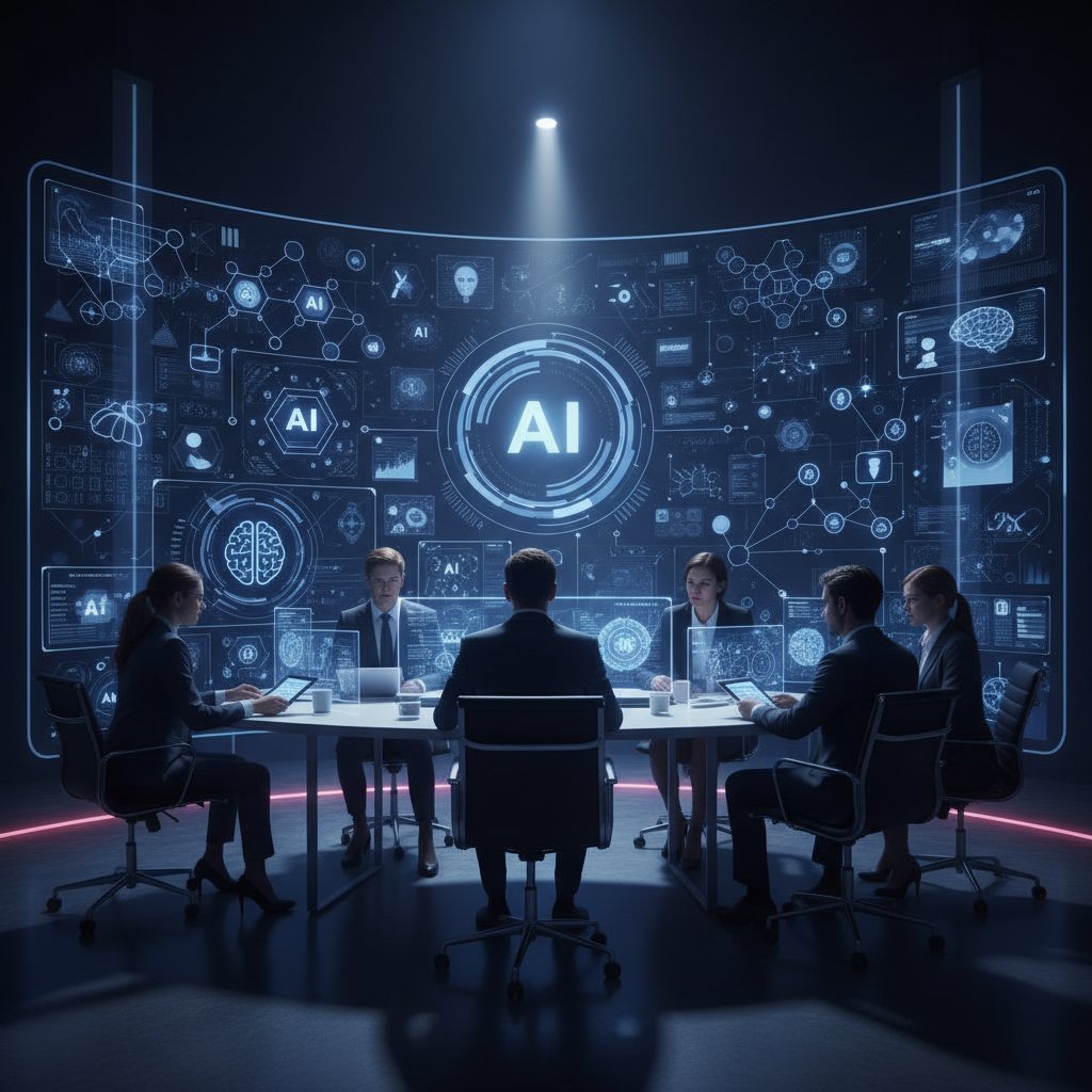 Grupa ludzi debatuje przy ekranach z rankingami sztucznej inteligencji