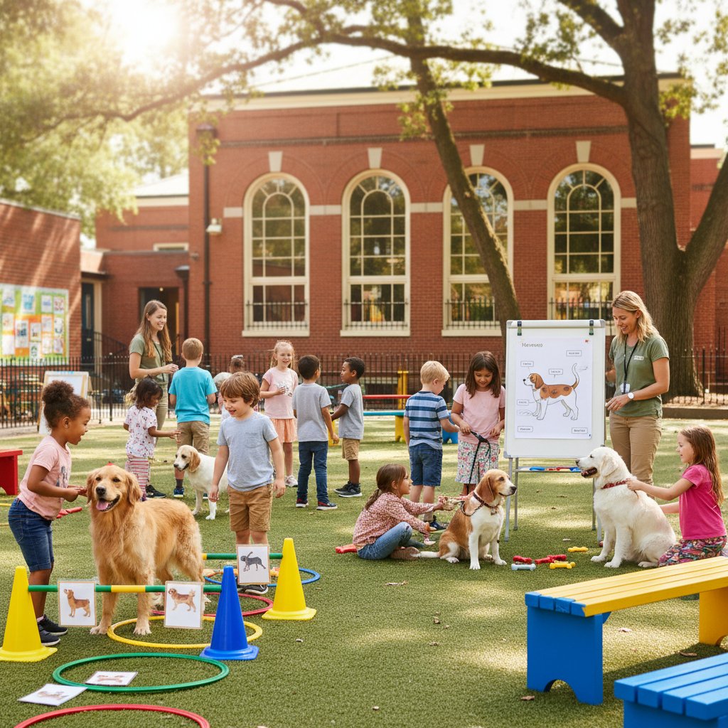 Grupa dzieci grających na smartfonach w edukacyjne gry o psach na szkolnym boisku