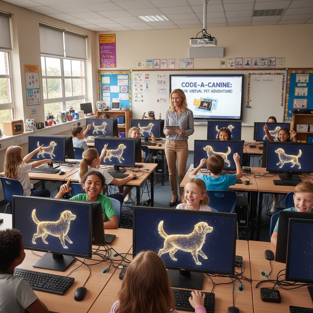 Grupa dzieci w szkole komputerowej, patrzą na ekran z wirtualnym psem, nauczyciel obok