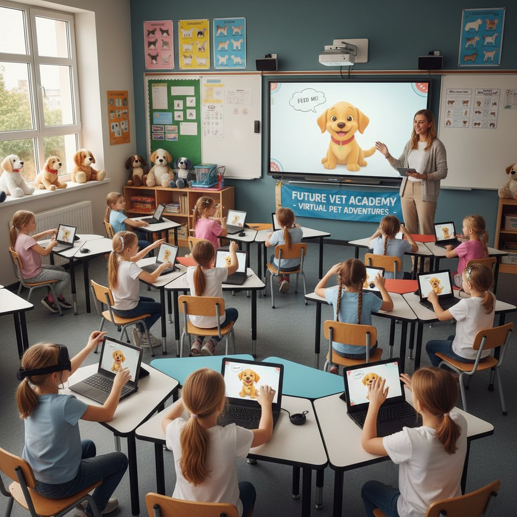 Grupa dzieci ucząca się opieki nad wirtualnym psem w klasie, nauczyciel asystuje