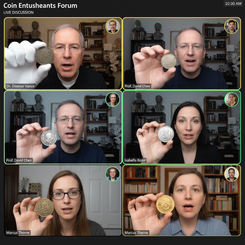 Grupa kolekcjonerów dyskutująca o monetach podczas wideokonferencji