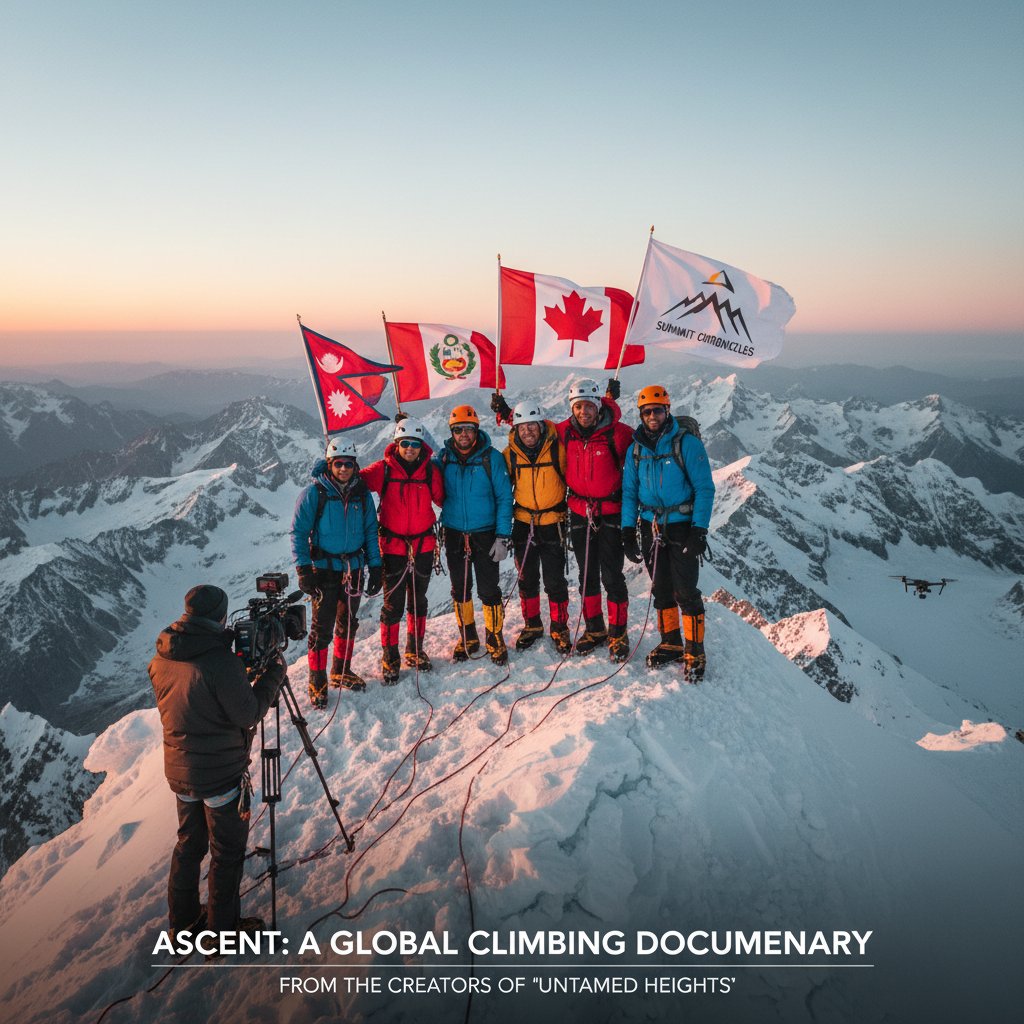 Multinational climbers celebrate on snowy summit, global mountain climbing movies