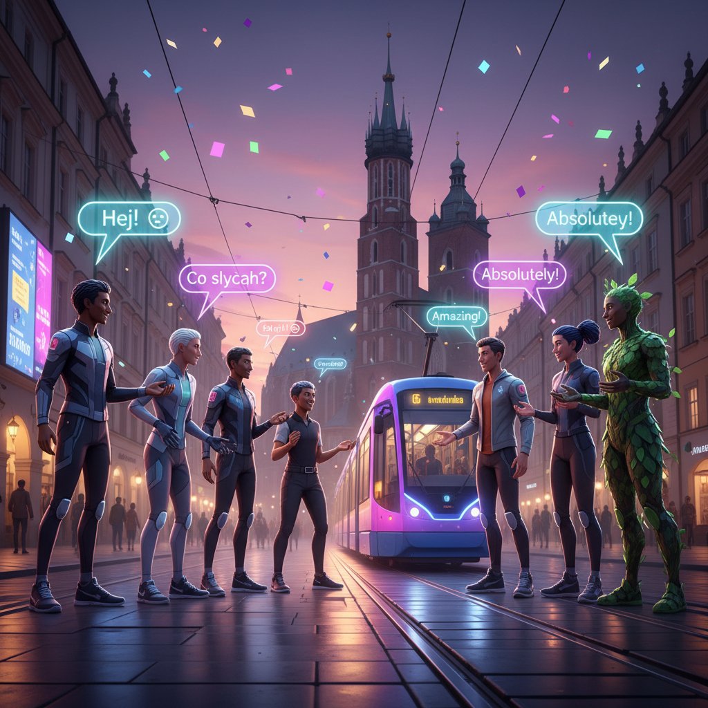 Cyfrowe awatary rozmawiające w polskim mieście.