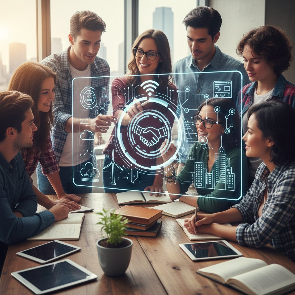 Edukacja, która angażuje i zmienia świat – grupa różnorodnych uczniów i nauczyciel z uniesionymi rękami, symbole cyfrowe i realne