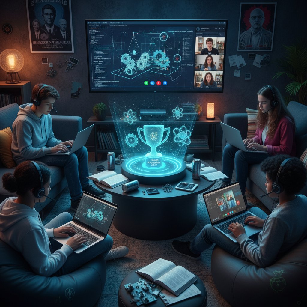 Grupa młodzieży współpracująca online i zdobywająca nagrody za fizykę, symbolizująca sukcesy fizyka online korepetycje