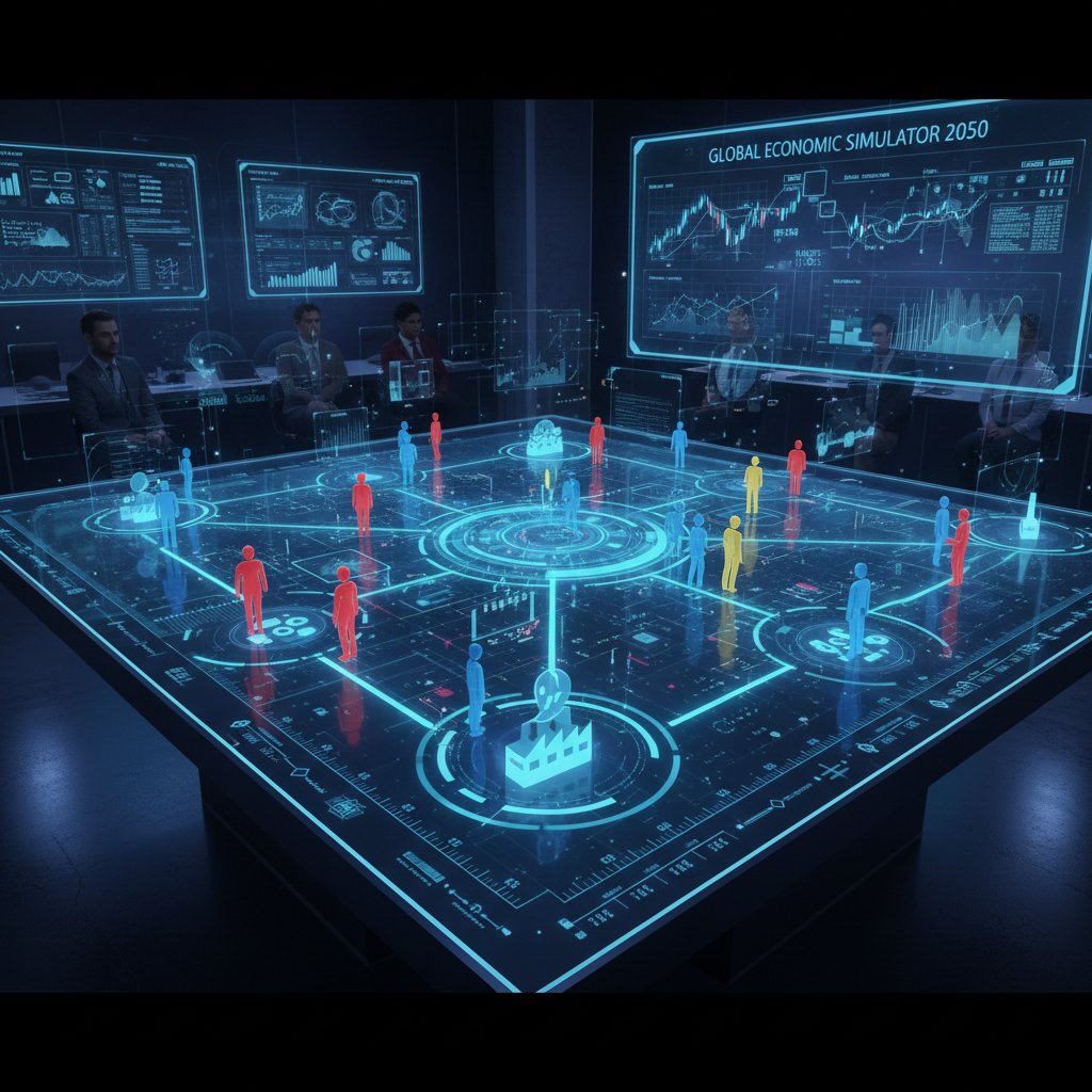 Ilustracja: grupa agentów ekonomicznych na cyfrowej planszy symulacyjnej