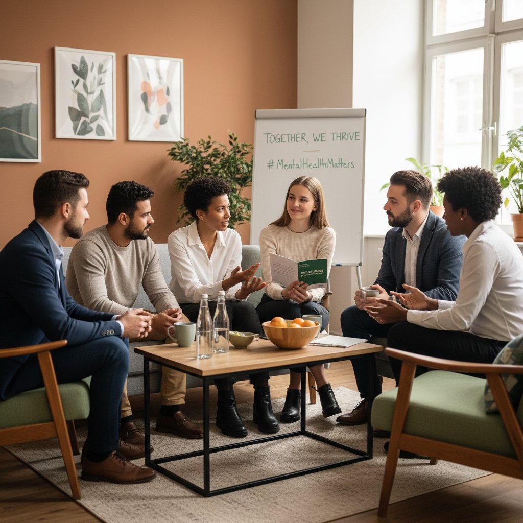 Grupa pracowników rozmawiająca przy stole w biurze, symbol wsparcia dla zdrowia psychicznego w pracy