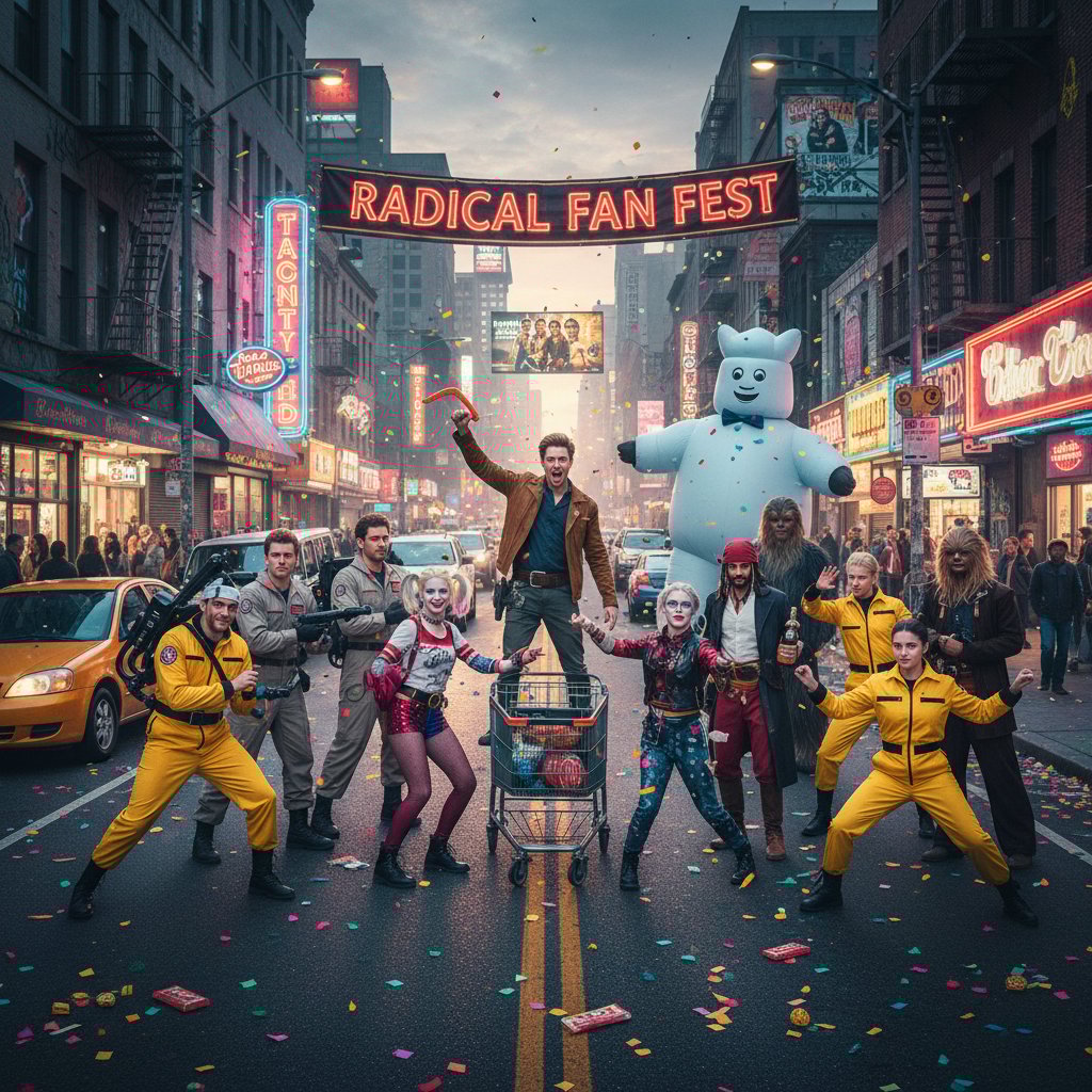 Group of fans dressed as characters from radical movies, street setting, playful energy