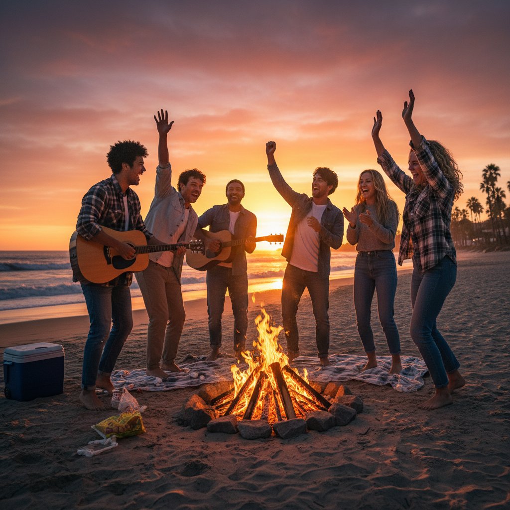 Grupa znajomych świętuje wspólną podróż, ognisko na plaży, wszyscy uśmiechnięci, atmosfera radości i wspólnoty