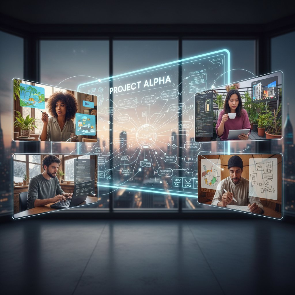 Grupa przyjaciół korzysta z tablicy online do burzy mózgów z różnych miast