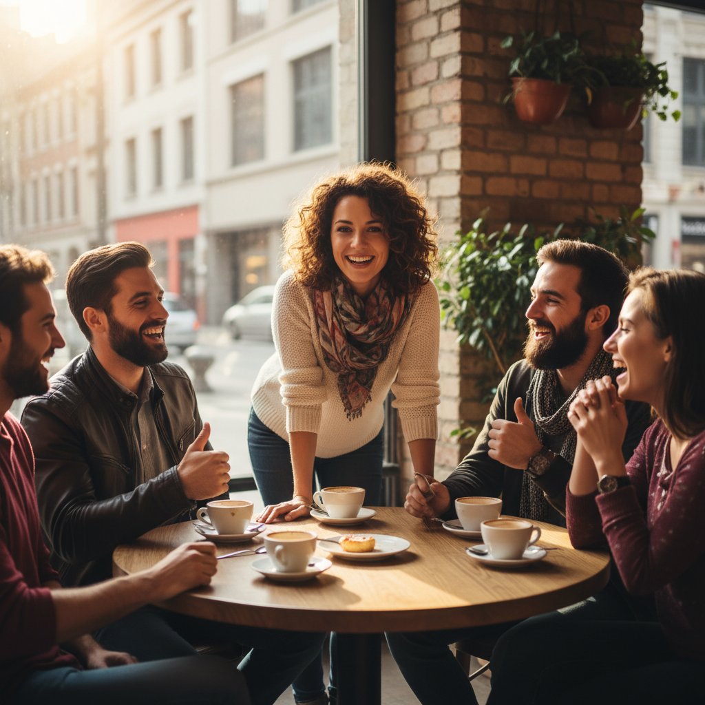Przyjaciele w kawiarni, pewność siebie w praktyce społecznej