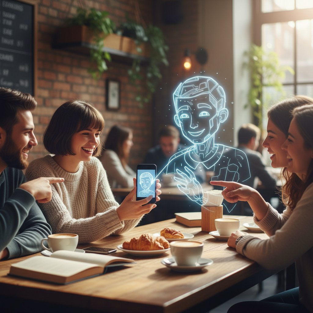 Foto: Gruppe von Freunden in einem Café, eine Person interagiert parallel mit KI-Avatar auf Smartphone – Symbol für Co-Existenz digitaler und realer Beziehungen