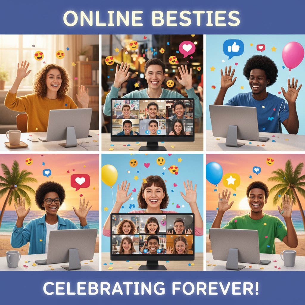 Grupa osób świętująca online przyjaźń, różne urządzenia, radość i bliskość
