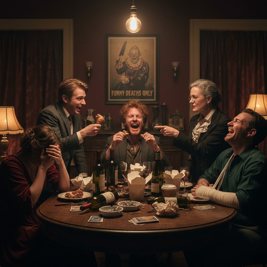 Group of friends laughing and debating about a dark comedy movie in a cozy living room, showcasing the divisiveness and bonding power of dark humor films