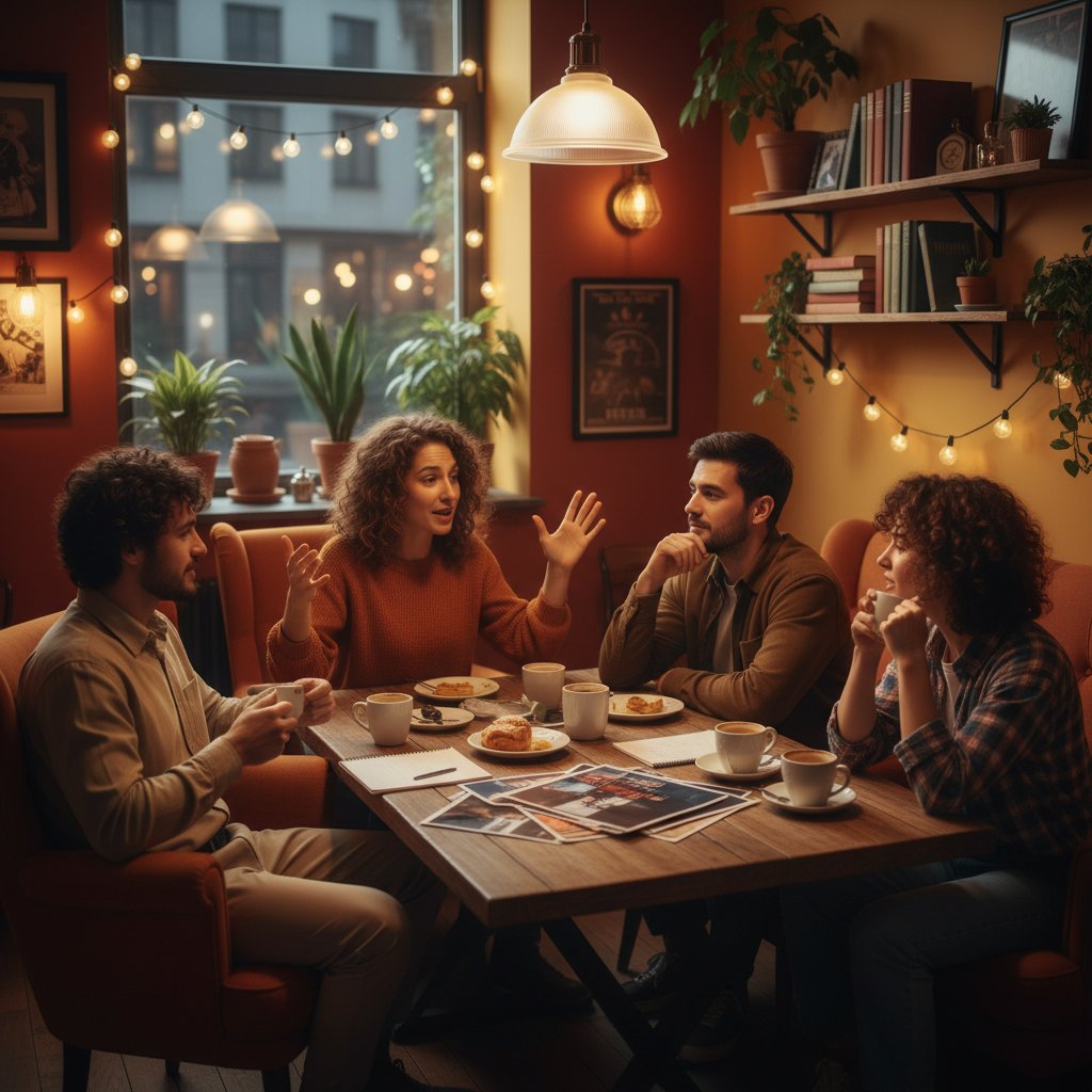 Group of friends debating a film in a cozy cafe, lively mood, warm colors