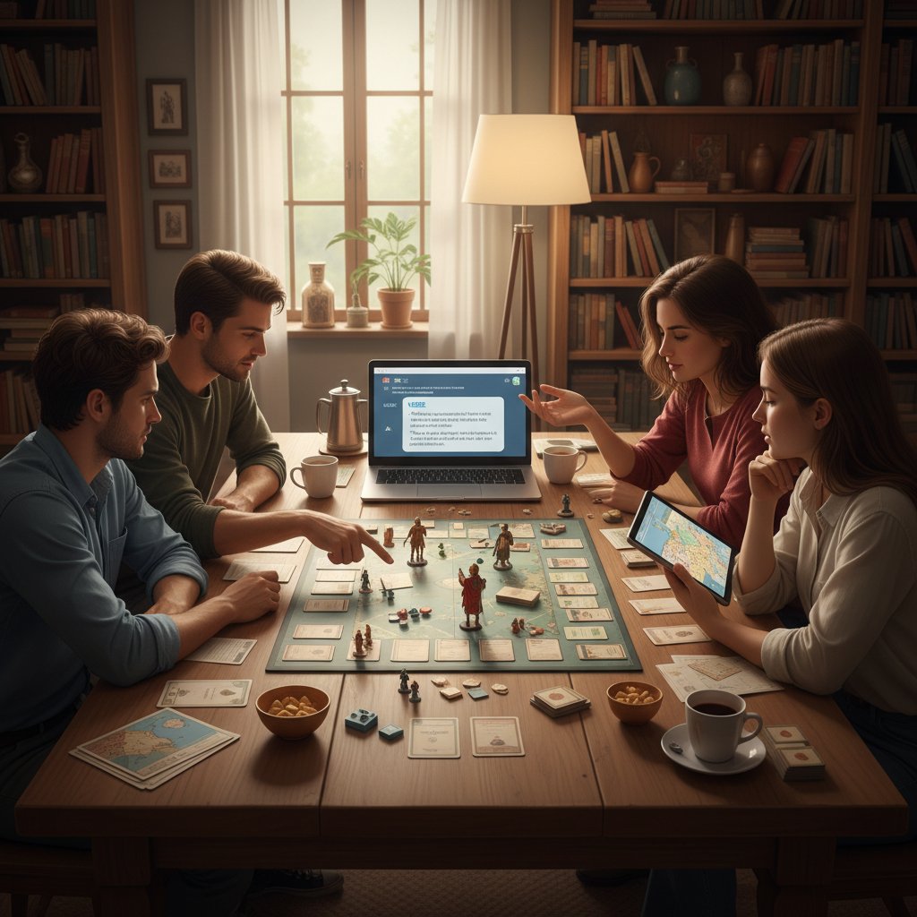 Grupa osób łącząca rozmowę, grę i AI w nauce historii, współczesna edukacja