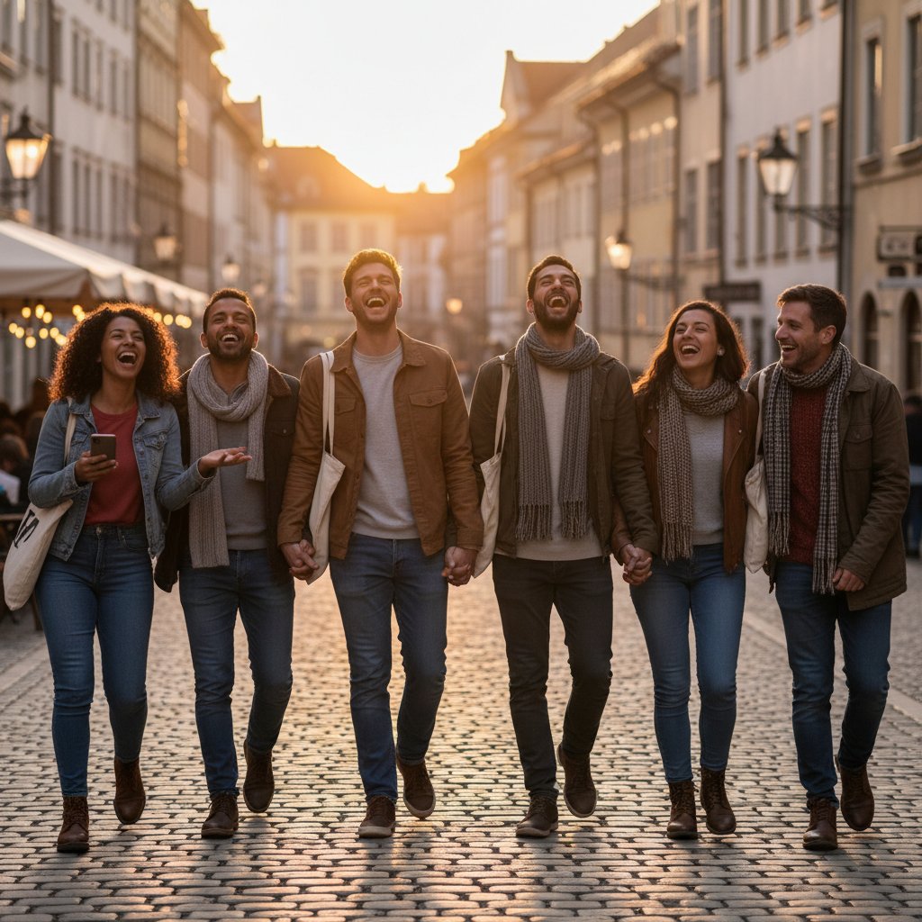 Grupa znajomych śmieje się podczas wspólnego spaceru wieczorem, mikroaktywności w relacjach społecznych