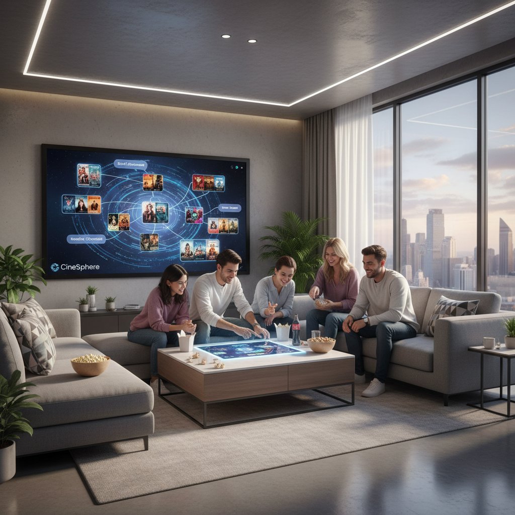 Group of friends using an interactive movie discovery app in a lively modern living room, visualizing social and context-aware discovery