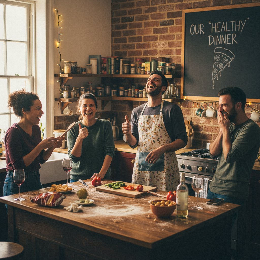 Grupa znajomych w kuchni, śmiejących się z ironicznego żartu, atmosfera autentyzmu i dystansu typowa dla polskich spotkań