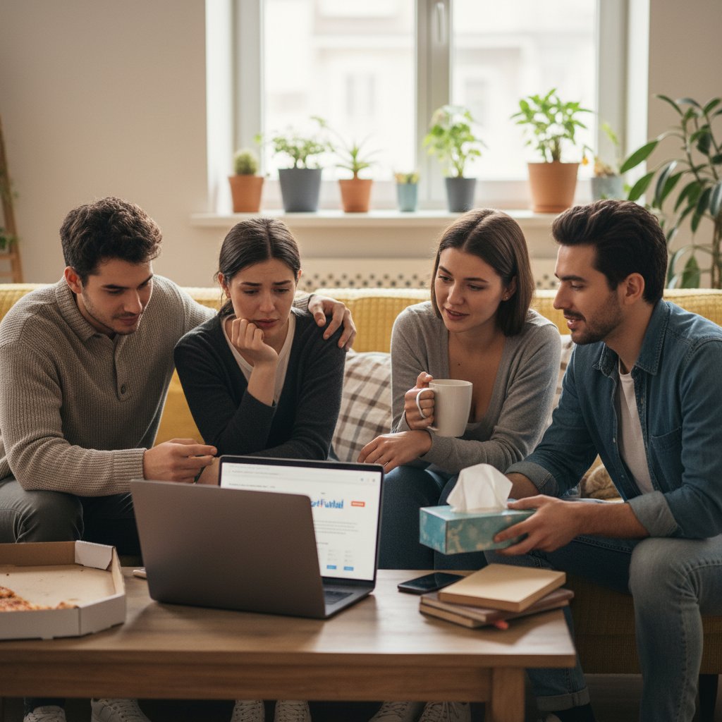 Kilka osób siedzących razem, patrzących na ekran laptopa, wspólnota wsparcia