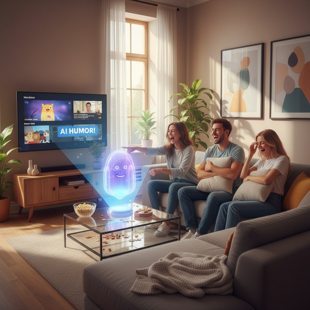 Grupa znajomych na kanapie śmieje się z odpowiedzi AI wyświetlonej na telewizorze