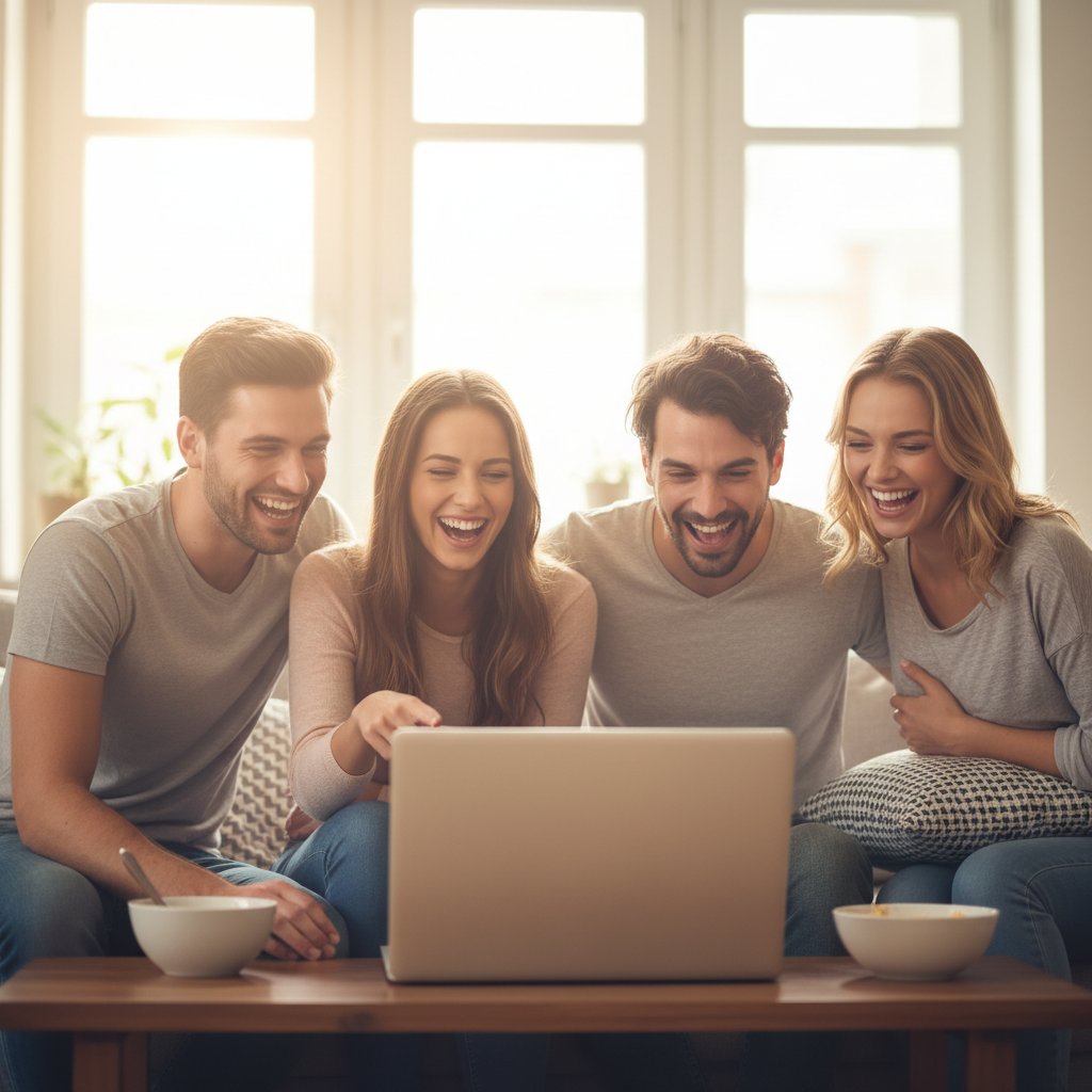 Grupa znajomych śmiejąca się podczas rozmowy online, ekran laptopa, klimat lekkości i bliskości