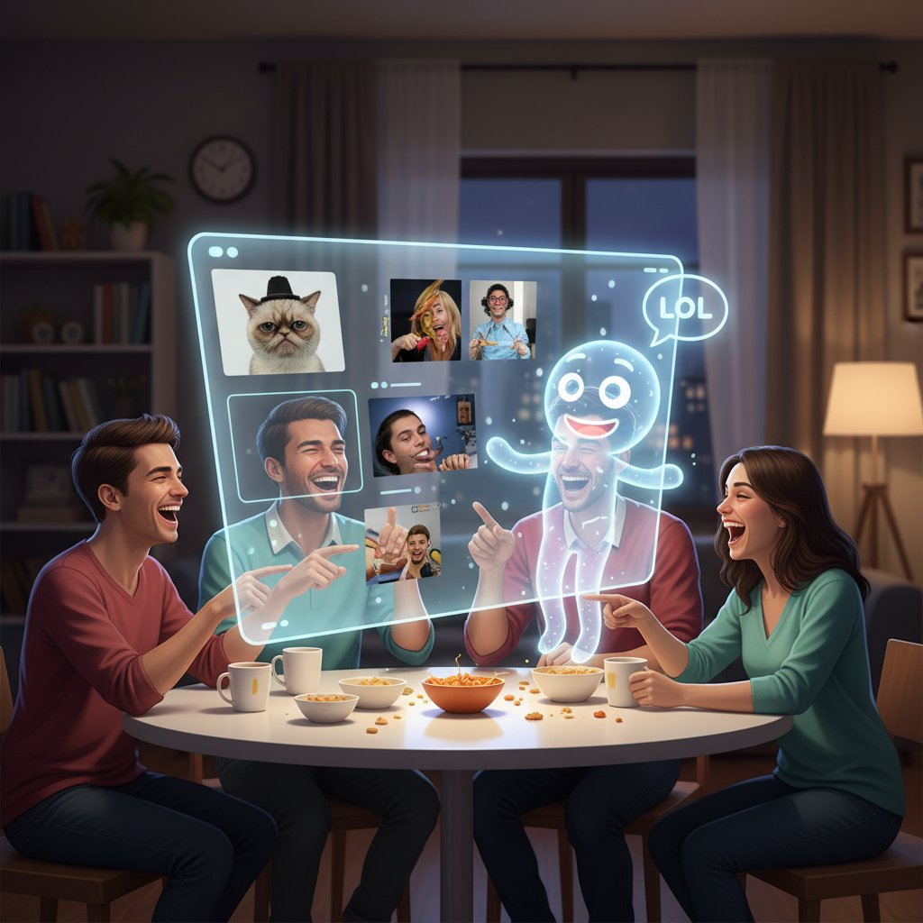 Grupa przyjaciół śmiejąca się z memów podczas rozmowy z wirtualnym kumplem