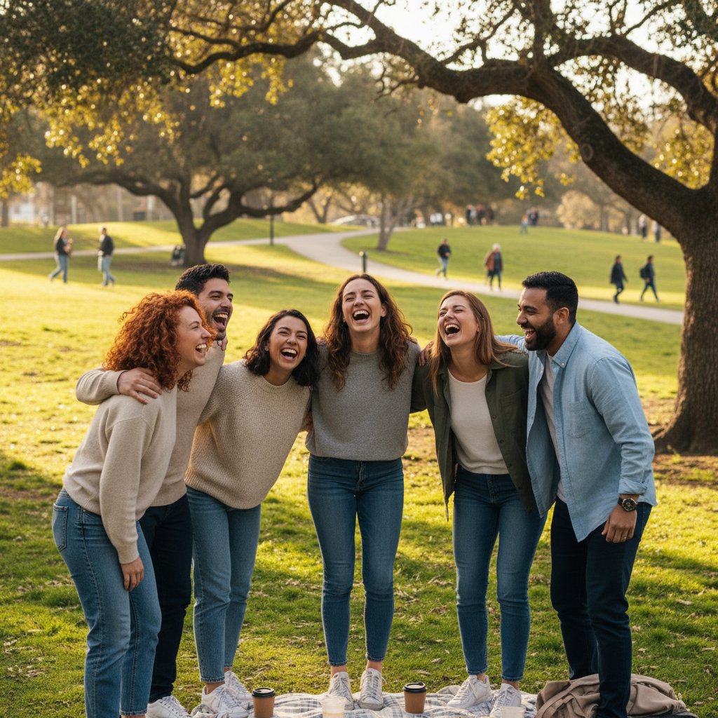 Grupa przyjaciół śmiejących się wspólnie w parku, pozytywna energia i wsparcie społeczne