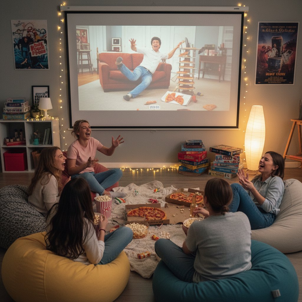 Group of friends laughing together at comedy movie mistakes, cozy movie night setting