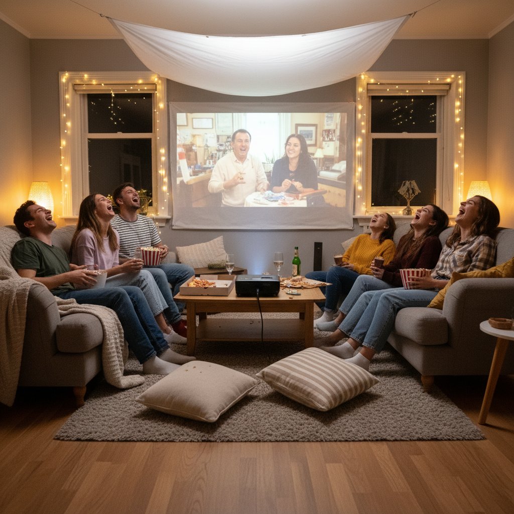 Friends laughing watching a sleeper hit comedy at home