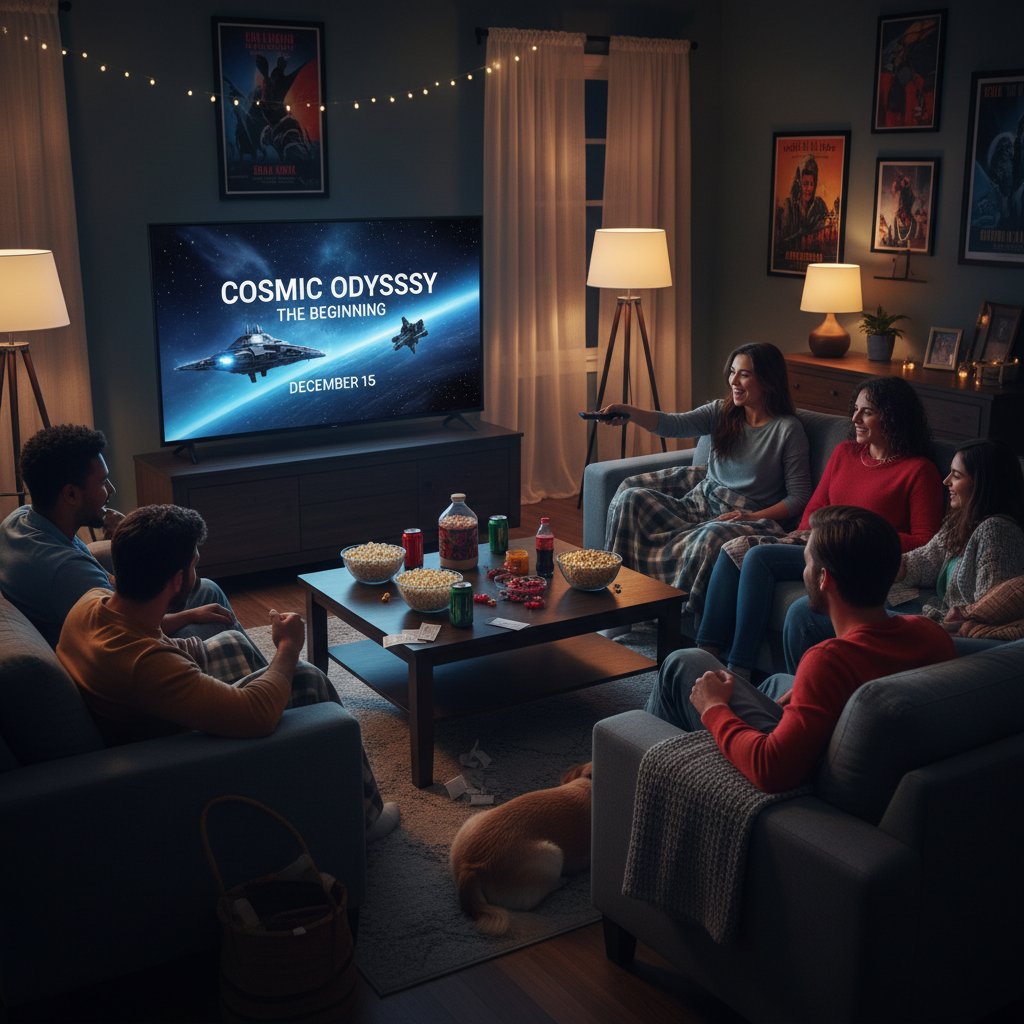 Group of friends in living room watching a new movie release, lively and candid 16:9 scene