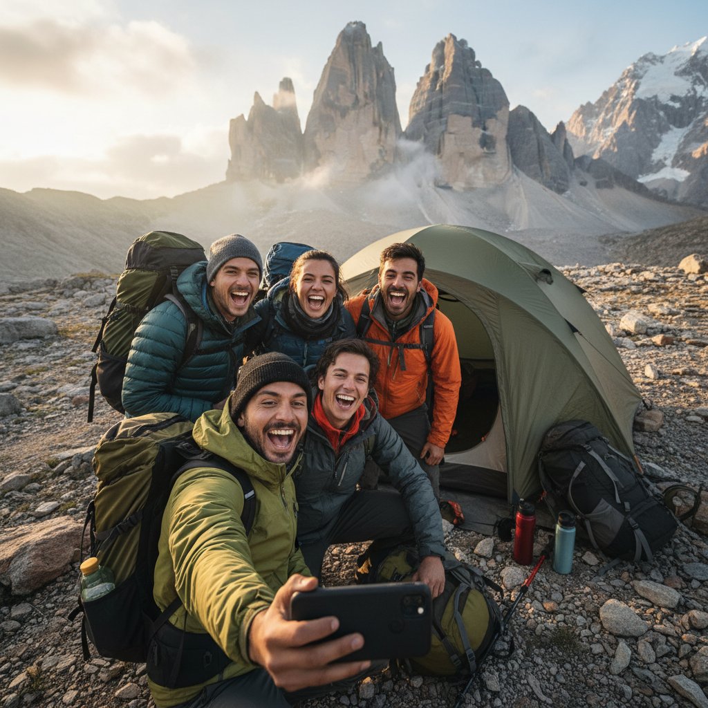 Grupa młodych ludzi w górach, śmieją się i robią selfie, z tyłu namiot i plecaki
