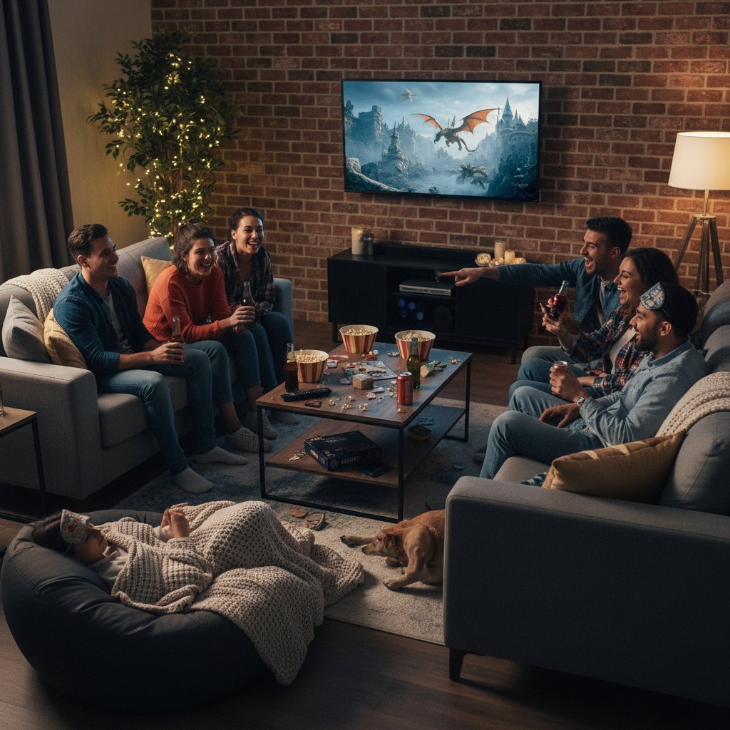 Photo showing a diverse group of friends reacting to a movie at home, highlighting the social and emotional aspects of group movie viewing