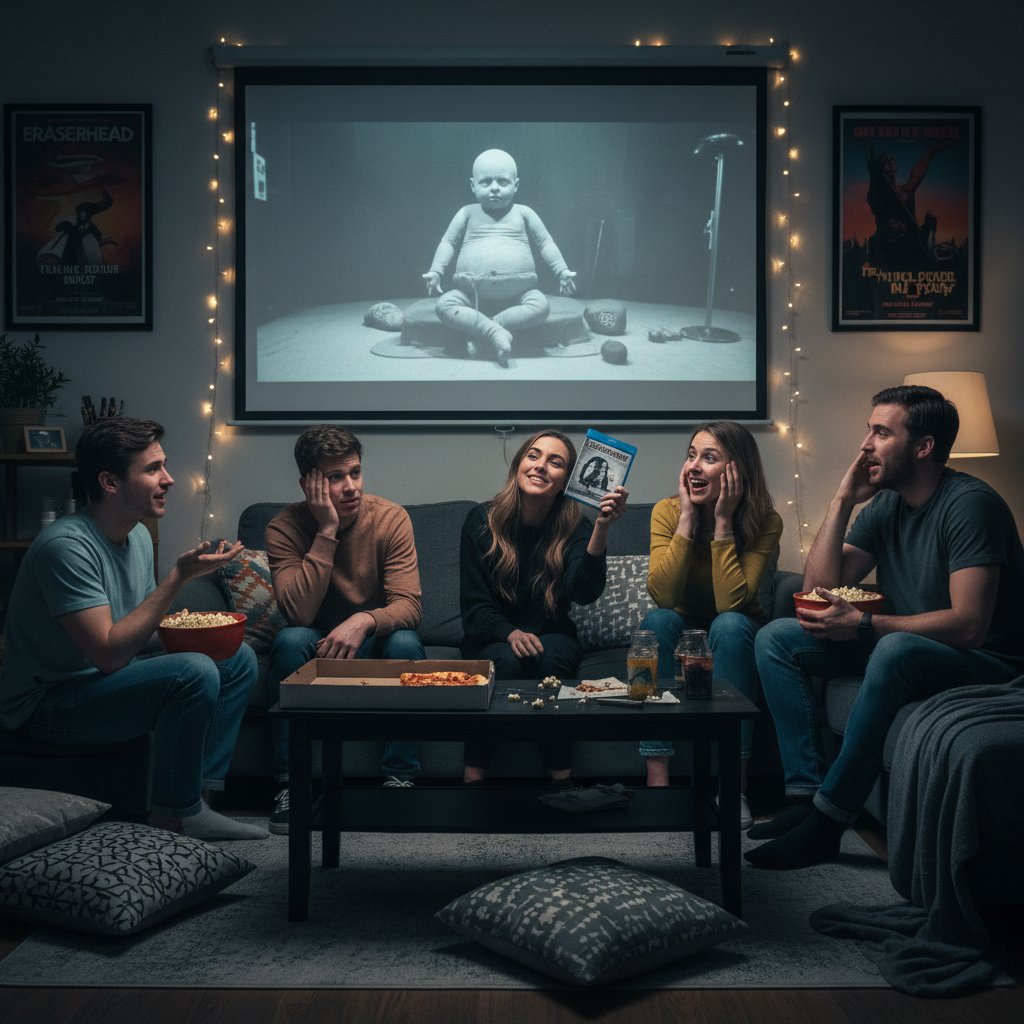 Diverse group of friends enjoying an unexpected movie night selection, better than traditional movie critics