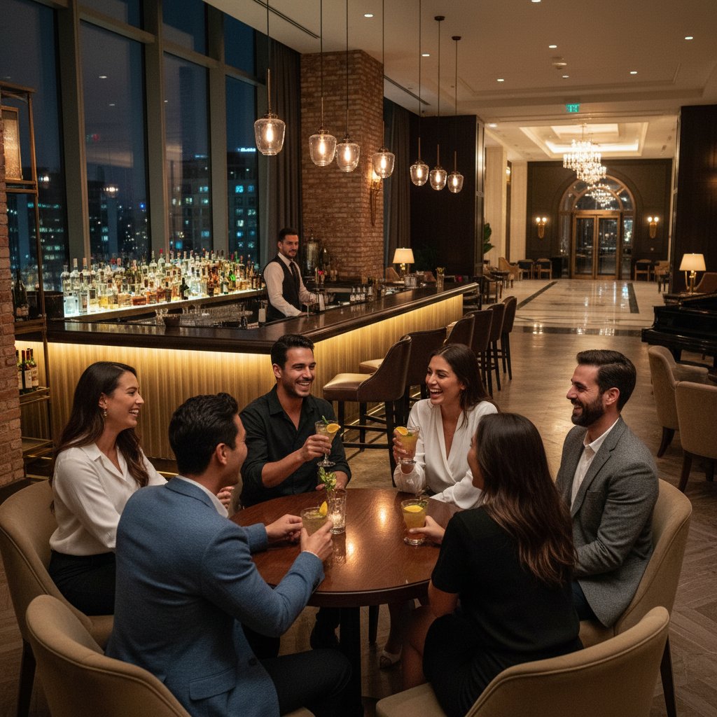 Grupa młodych ludzi w drodze z baru do hotelu nocą – kompromis między bliskością a spokojem