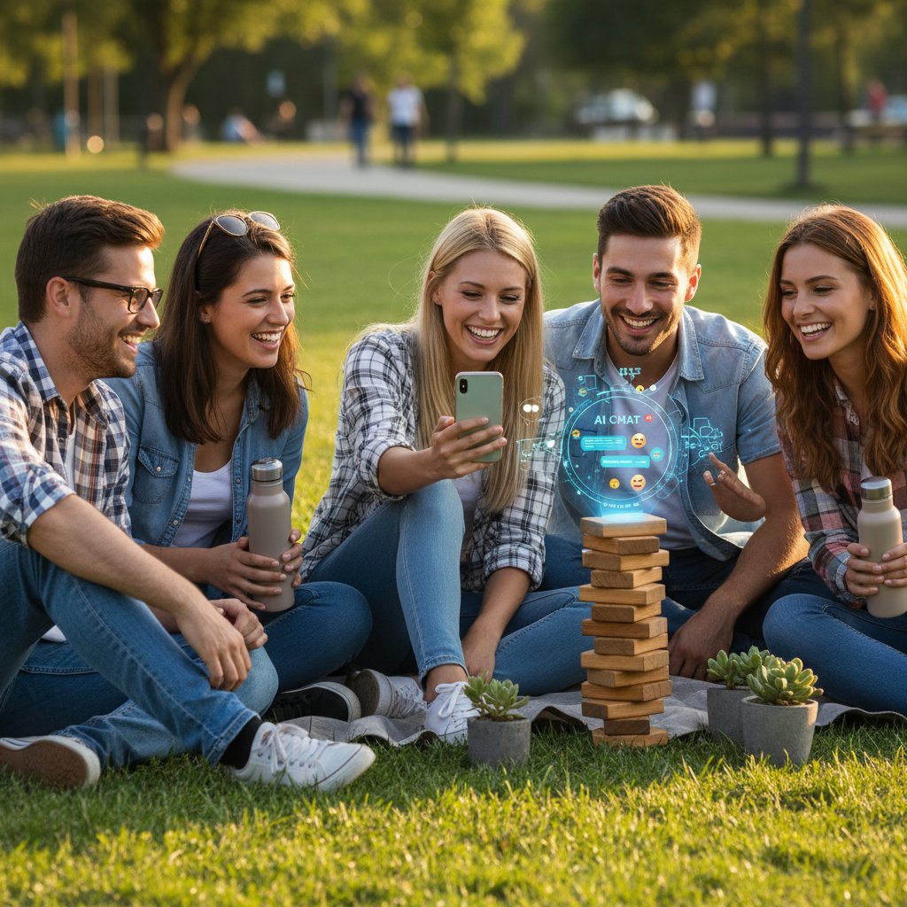 Grupa przyjaciół w parku, uśmiechają się, jedna osoba trzyma telefon z otwartym czatem AI – symbol równowagi między światem online i offline