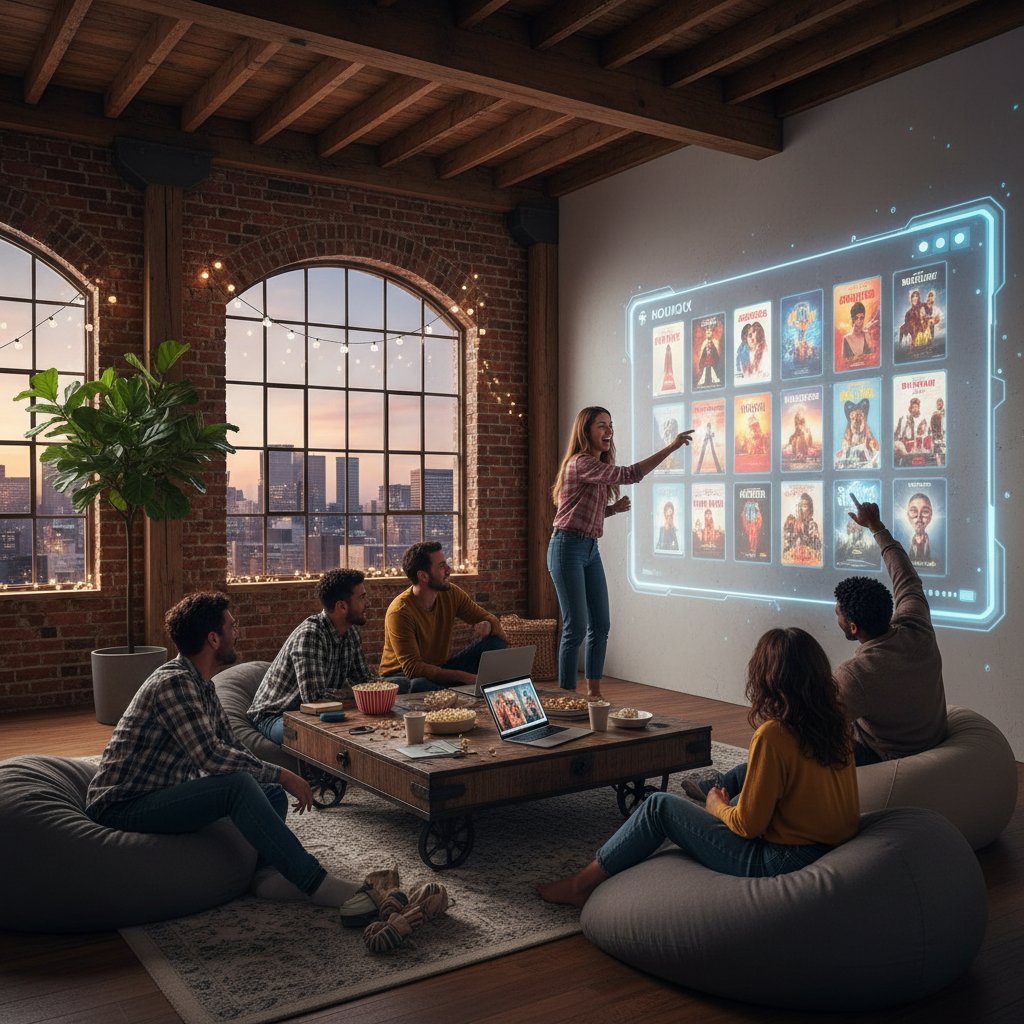 A group of friends debating over a projected movie interface in a loft, representing friends curating a group movie night using AI.