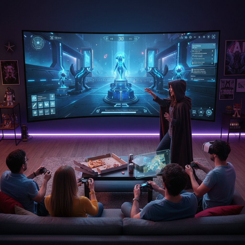 Grupa młodych ludzi bawiących się w role-playing z AI na dużym ekranie w domu