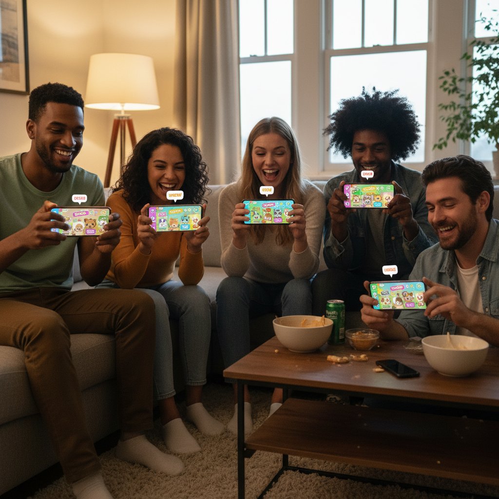 Grupa młodych ludzi bawiących się wspólnie na smartfonach z symulatorem opieki nad zwierzętami domowymi