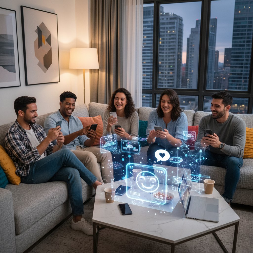 Grupa przyjaciół siedzi na kanapie, część rozmawia ze sobą, część na smartfonach z AI, cyfrowa przyjaźń