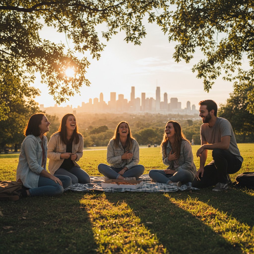 Group of friends laughing at sunset in a city park, candid slice of life moment, hopeful light